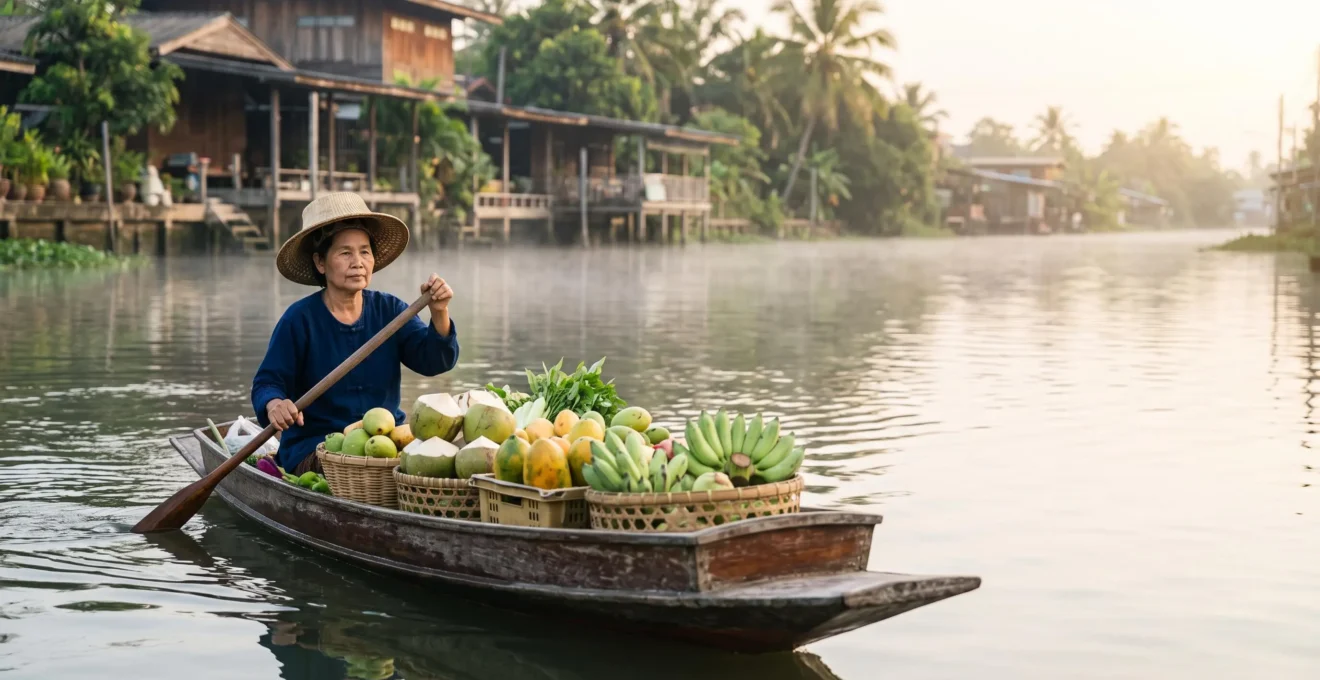 Vendeuse thaïlandaise sur une barque en bois chargée de fruits frais, glissant sur un canal calme au lever du jour