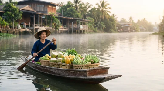 Vendeuse thaïlandaise sur une barque en bois chargée de fruits frais, glissant sur un canal calme au lever du jour