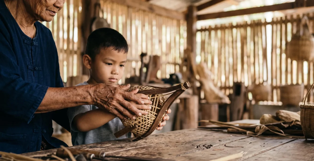 Un artisan thaïlandais âgé transmet un geste technique ancestral à un jeune apprenti dans un atelier baigné de lumière naturelle