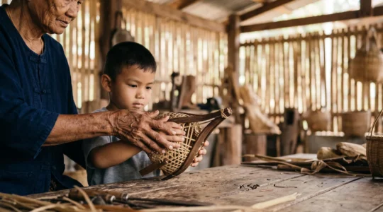 Un artisan thaïlandais âgé transmet un geste technique ancestral à un jeune apprenti dans un atelier baigné de lumière naturelle
