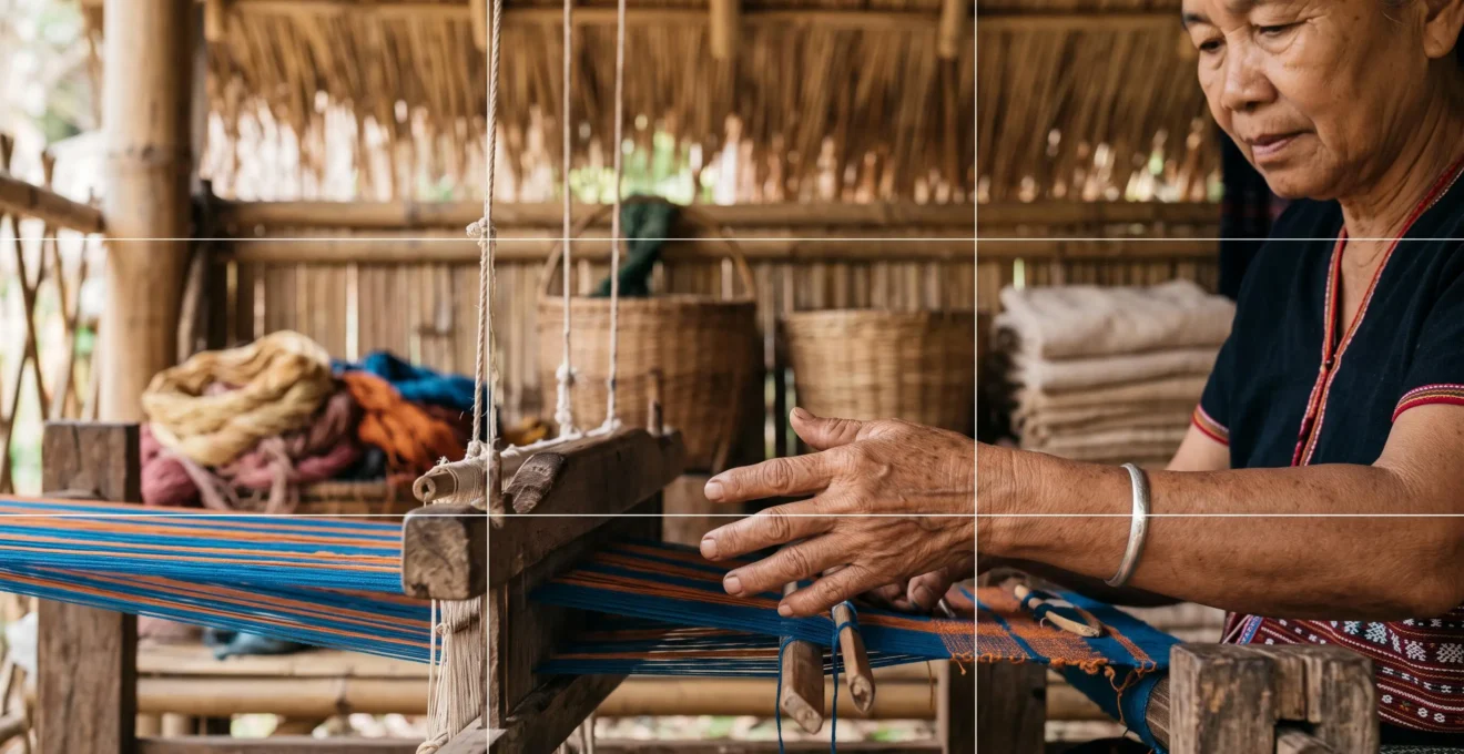 Mains d'un artisan thaïlandais façonnant un objet traditionnel dans un atelier baigné de lumière naturelle