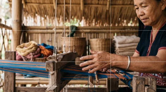 Mains d'un artisan thaïlandais façonnant un objet traditionnel dans un atelier baigné de lumière naturelle