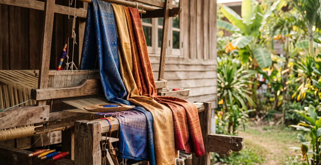 Écharpes de soie thaïlandaise aux couleurs chatoyantes disposées sur un métier à tisser traditionnel en bois, éclairées par une lumière naturelle chaude