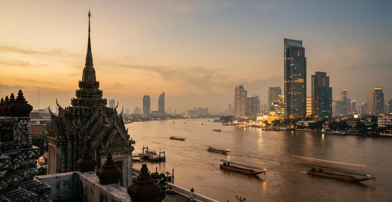 Vue panoramique de Bangkok au crépuscule mêlant toits de temples traditionnels et gratte-ciels modernes le long du fleuve Chao Phraya