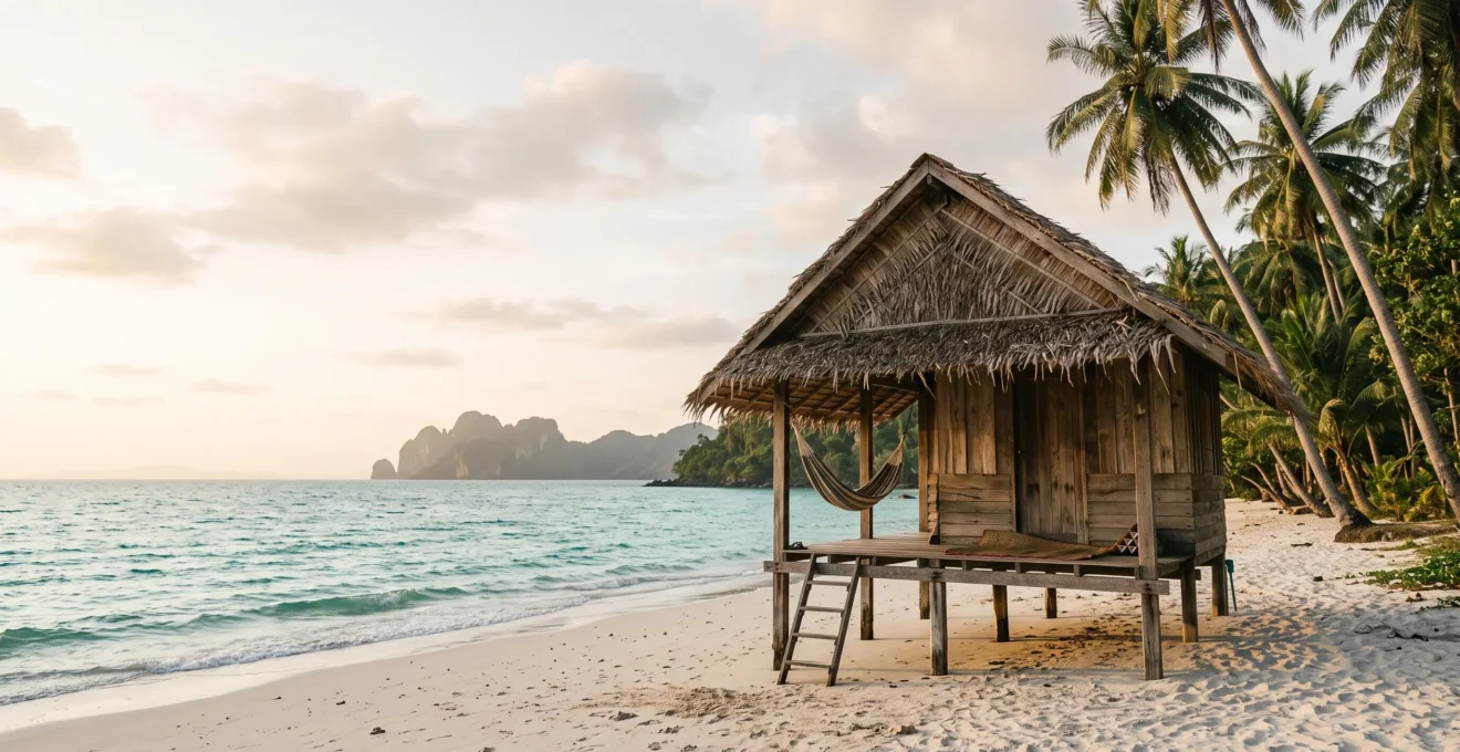 Bungalow en bois traditionnel sur une plage thailandaise isolee au coucher du soleil