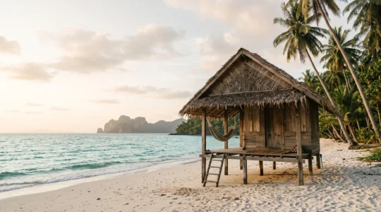 Bungalow en bois traditionnel sur une plage thailandaise isolee au coucher du soleil