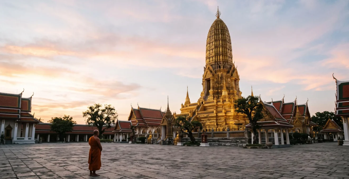 Chedi doré d'un temple thaïlandais baigné de lumière dorée, symbole de la cosmologie bouddhiste, avec un moine en arrière-plan