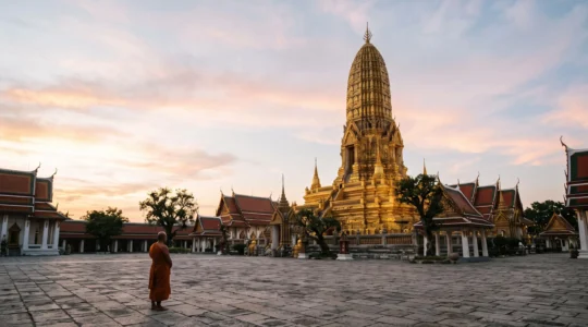 Chedi doré d'un temple thaïlandais baigné de lumière dorée, symbole de la cosmologie bouddhiste, avec un moine en arrière-plan