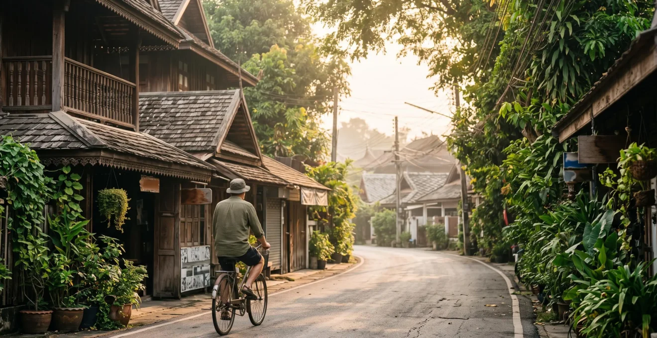 Ruelle animée de Chiang Mai mêlant architecture en teck et vie locale, loin des sentiers touristiques