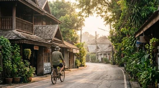 Ruelle animée de Chiang Mai mêlant architecture en teck et vie locale, loin des sentiers touristiques