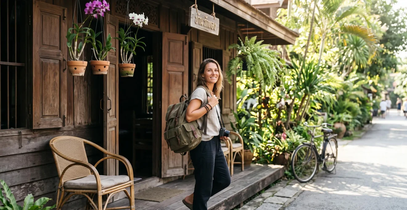 Voyageuse posant sa valise devant une guesthouse traditionnelle en bois entourée de plantes tropicales en Thaïlande