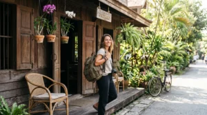 Voyageuse posant sa valise devant une guesthouse traditionnelle en bois entourée de plantes tropicales en Thaïlande