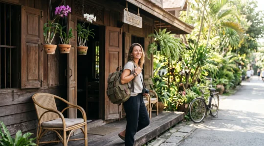 Voyageuse posant sa valise devant une guesthouse traditionnelle en bois entourée de plantes tropicales en Thaïlande