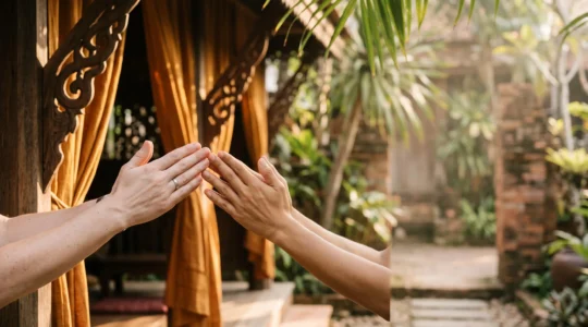 Deux mains jointes en geste de wai face a face au crepuscule devant une architecture thailandaise epuree, symbole de respect et de communication non verbale