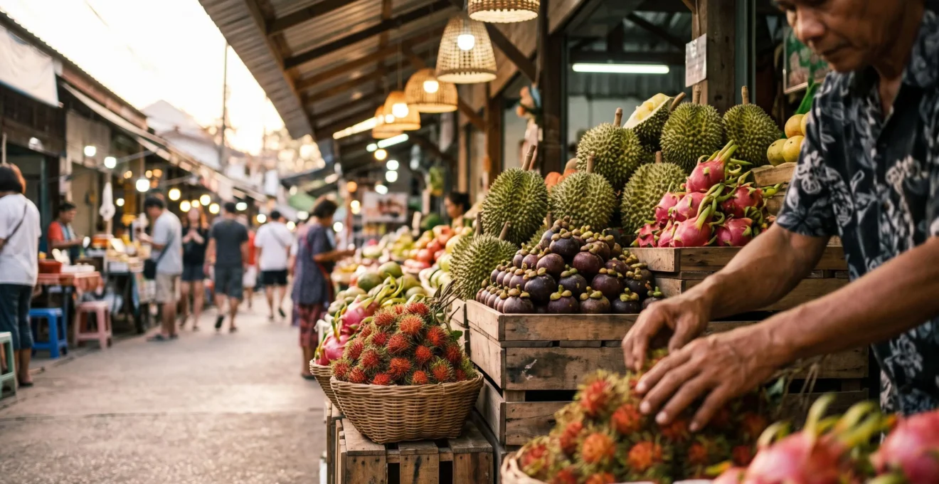 Étal coloré de fruits exotiques thaïlandais frais sur un marché local, avec durian, mangoustan et ramboutan disposés en pyramide