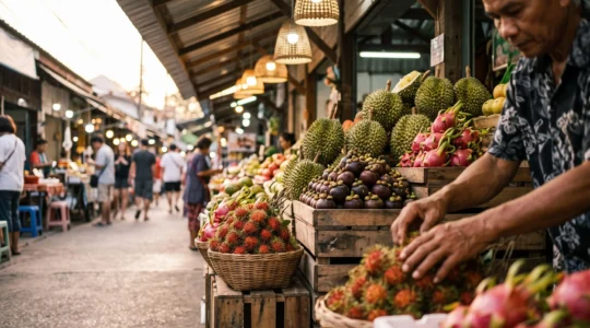 Étal coloré de fruits exotiques thaïlandais frais sur un marché local, avec durian, mangoustan et ramboutan disposés en pyramide
