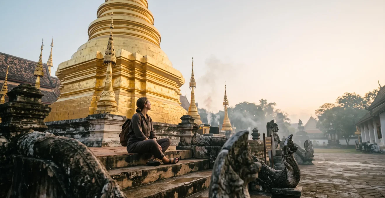 Voyageur assis en silence face à un chedi doré thaïlandais dans la brume matinale, symbole d'une quête spirituelle authentique