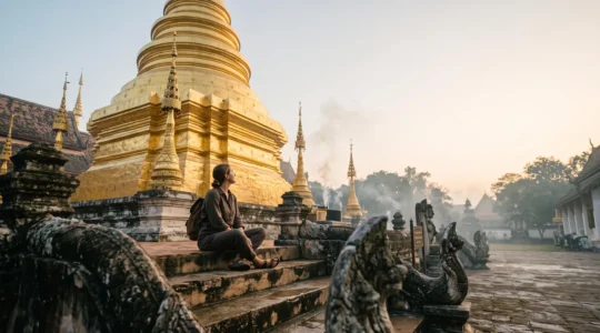 Voyageur assis en silence face à un chedi doré thaïlandais dans la brume matinale, symbole d'une quête spirituelle authentique
