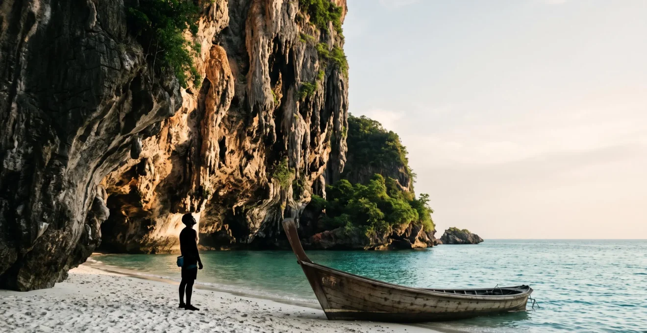 Grimpeur en silhouette face aux immenses falaises calcaires de Railay en Thaïlande, éclairées par la lumière dorée du matin