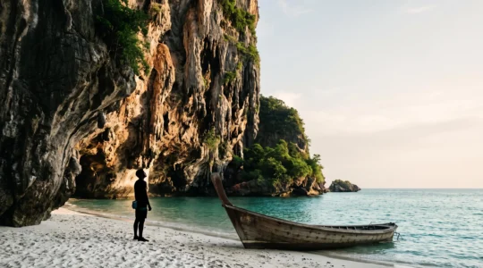 Grimpeur en silhouette face aux immenses falaises calcaires de Railay en Thaïlande, éclairées par la lumière dorée du matin