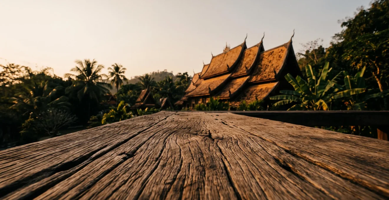 Toit en bois sculpté d'un temple Lanna à Chiang Mai se fondant dans la végétation tropicale, symbole de l'identité culturelle du Nord de la Thaïlande