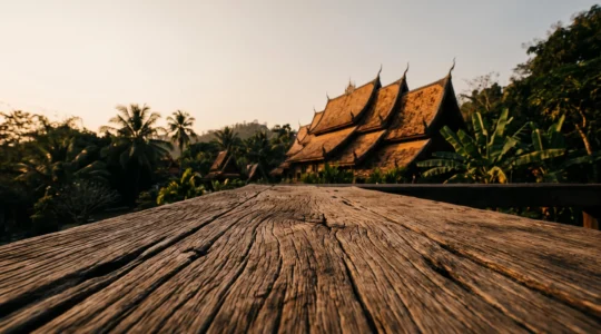 Toit en bois sculpté d'un temple Lanna à Chiang Mai se fondant dans la végétation tropicale, symbole de l'identité culturelle du Nord de la Thaïlande