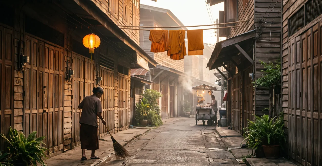Ruelle de quartier thaïlandais au lever du jour avec une lanterne et un marché local, loin des zones touristiques