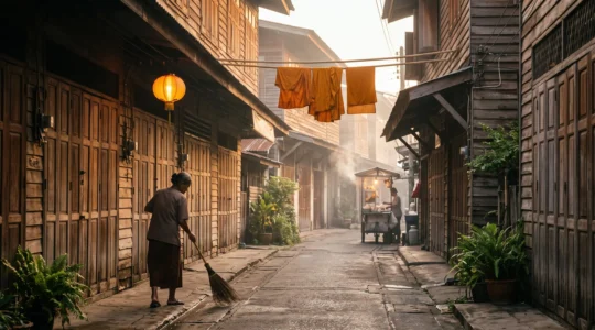 Ruelle de quartier thaïlandais au lever du jour avec une lanterne et un marché local, loin des zones touristiques