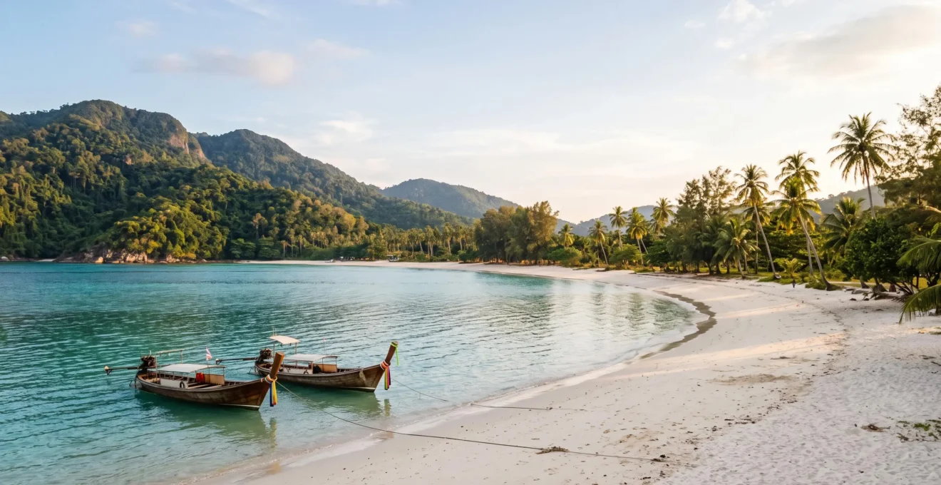 Vue panoramique de la plage de Kata à Phuket avec sable blanc et mer turquoise entourée de collines verdoyantes