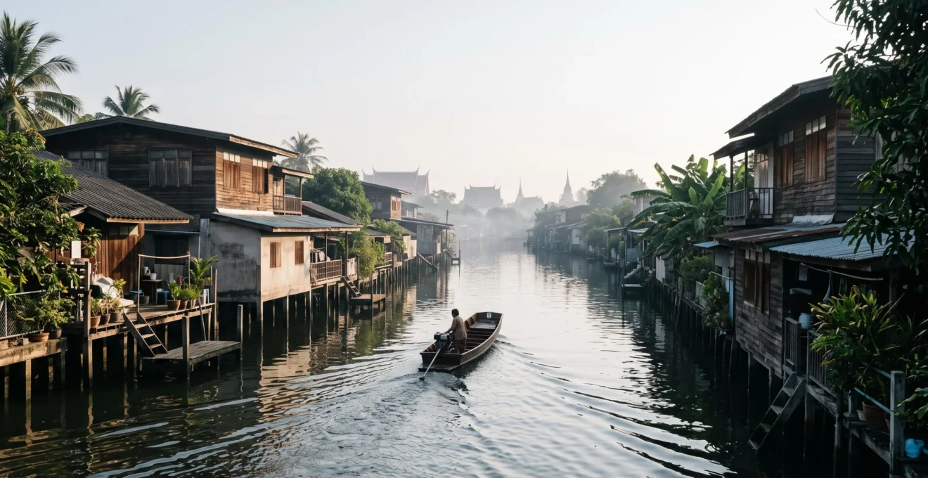 Vue panoramique d'un klong de Bangkok bordé de maisons en bois sur pilotis au lever du jour