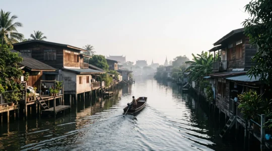 Vue panoramique d'un klong de Bangkok bordé de maisons en bois sur pilotis au lever du jour