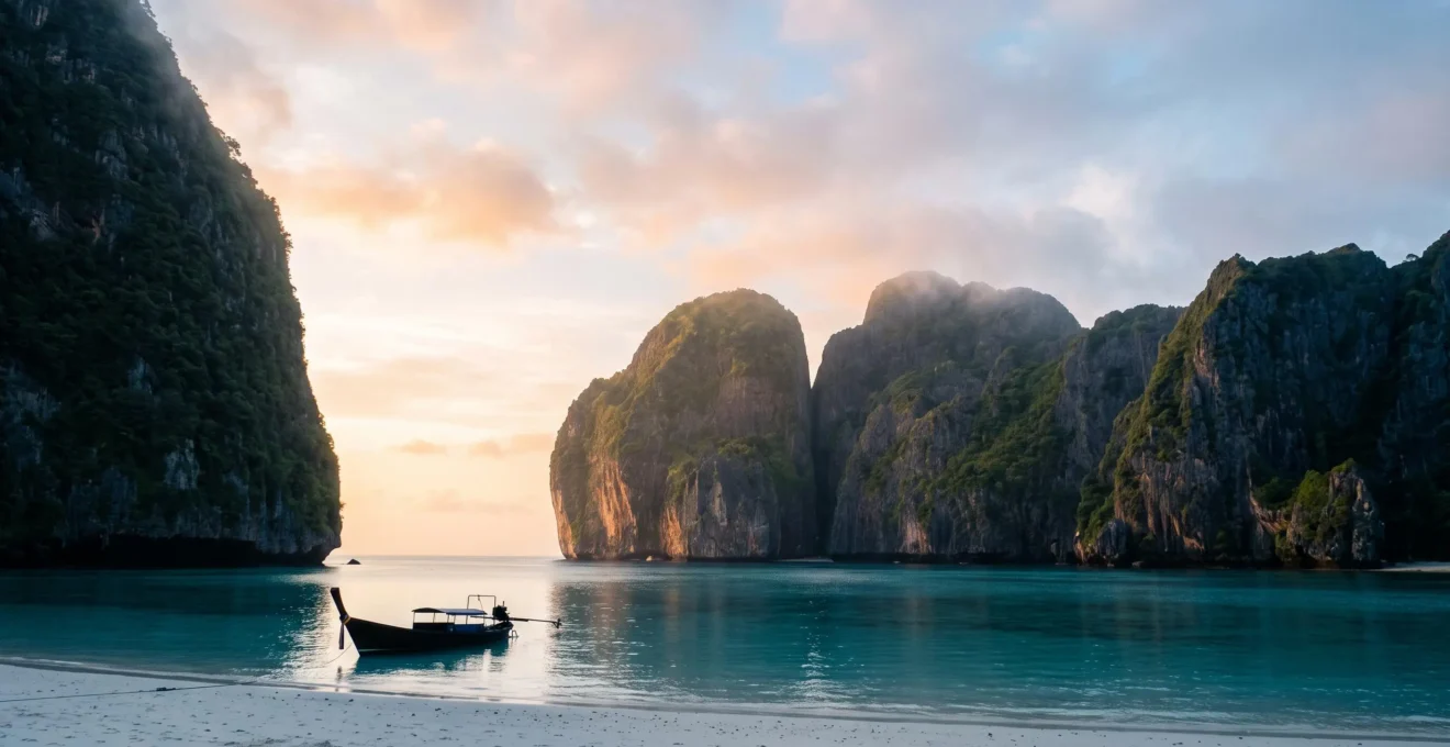 Vue panoramique de la baie de Koh Phi Phi au lever du soleil avant l'arrivée des bateaux de touristes