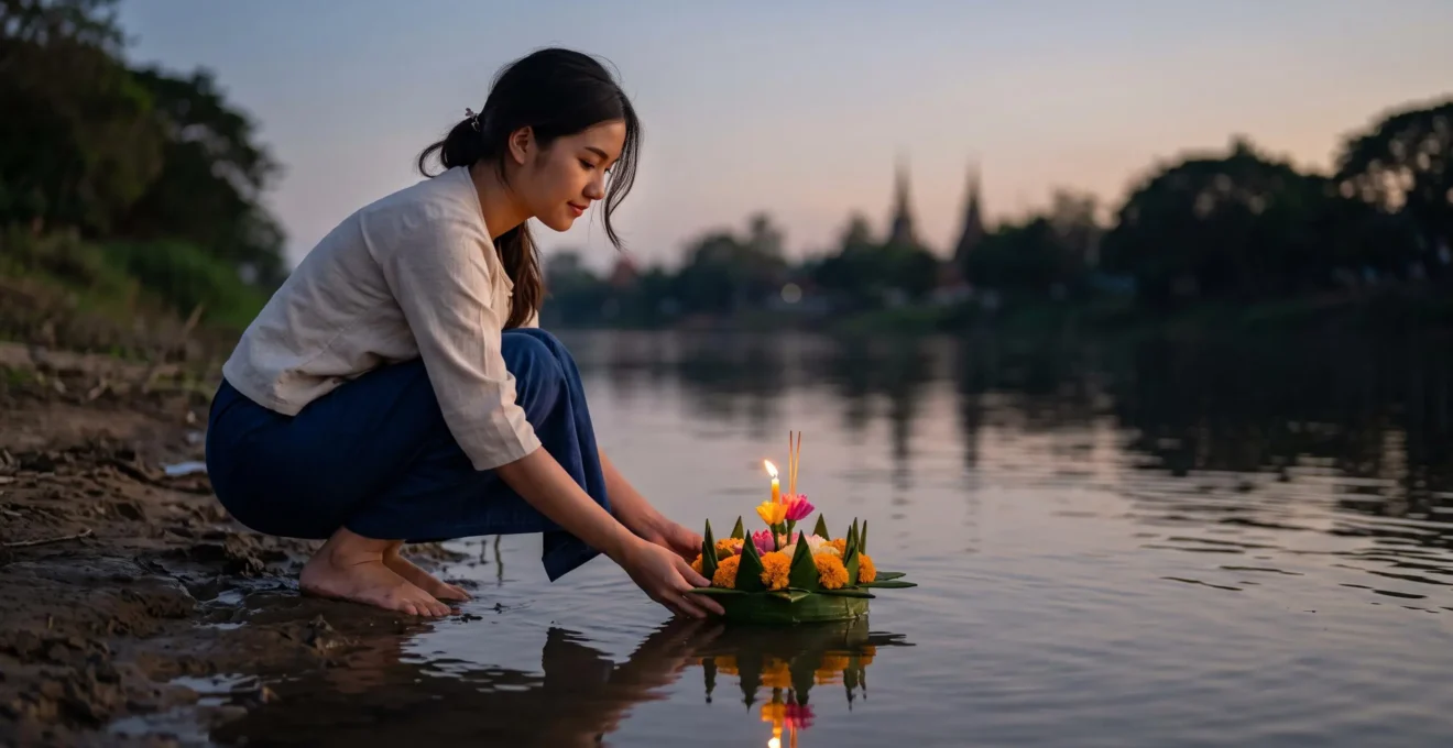 Une jeune femme dépose délicatement un krathong illuminé à la surface d'une rivière thaïlandaise au crépuscule