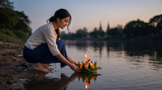Une jeune femme dépose délicatement un krathong illuminé à la surface d'une rivière thaïlandaise au crépuscule