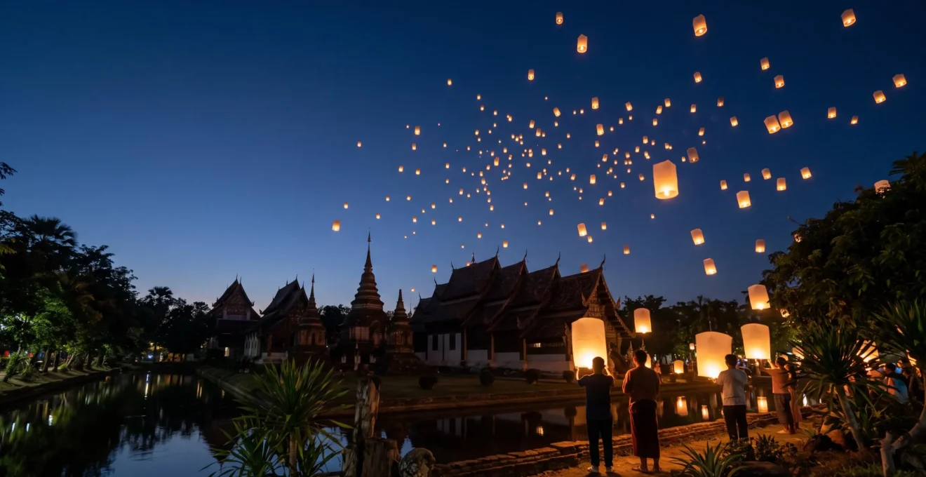 Des centaines de lanternes célestes s'élevant au-dessus de la vieille ville de Chiang Mai lors du festival Yi Peng