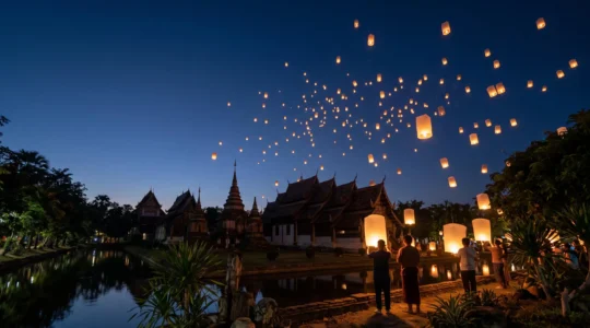 Des centaines de lanternes célestes s'élevant au-dessus de la vieille ville de Chiang Mai lors du festival Yi Peng