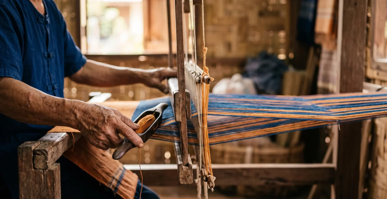 Mains d'un artisan thaïlandais tissant un tissu traditionnel dans un atelier baigné de lumière naturelle, loin des circuits touristiques