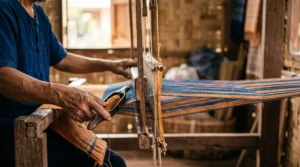 Mains d'un artisan thaïlandais tissant un tissu traditionnel dans un atelier baigné de lumière naturelle, loin des circuits touristiques