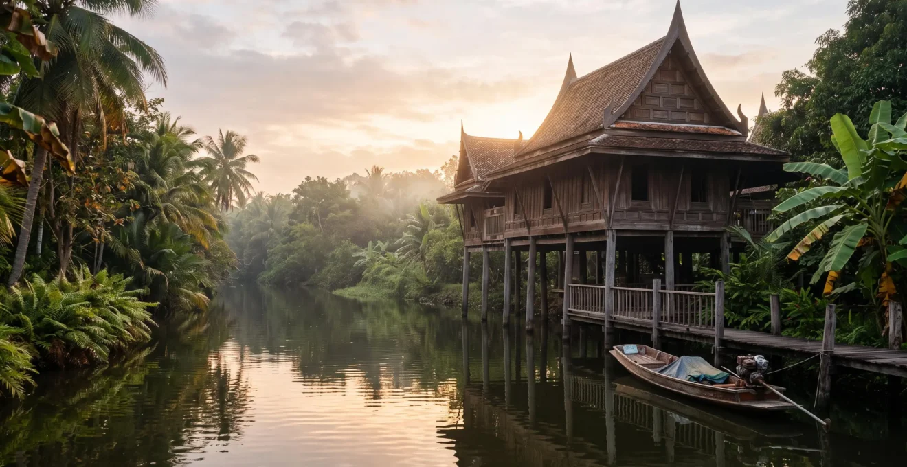 Maison traditionnelle thaïlandaise en bois sur pilotis surplombant un canal calme au lever du jour