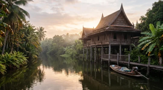 Maison traditionnelle thaïlandaise en bois sur pilotis surplombant un canal calme au lever du jour