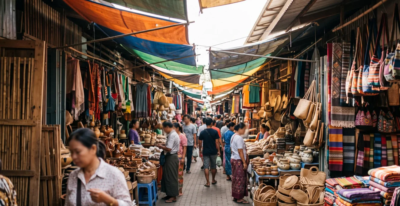 Vue large et colorée des allées couvertes du marché de Chatuchak à Bangkok, avec des étals variés à perte de vue