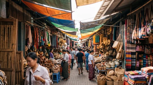 Vue large et colorée des allées couvertes du marché de Chatuchak à Bangkok, avec des étals variés à perte de vue