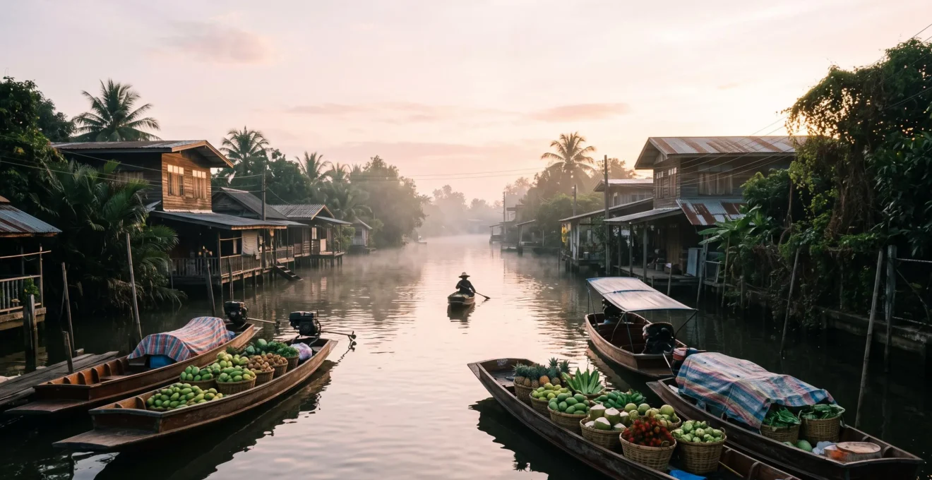 Barques en bois chargées de fruits colorés glissant sur un canal thaïlandais brumeux au lever du soleil