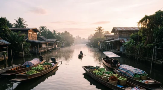 Barques en bois chargées de fruits colorés glissant sur un canal thaïlandais brumeux au lever du soleil