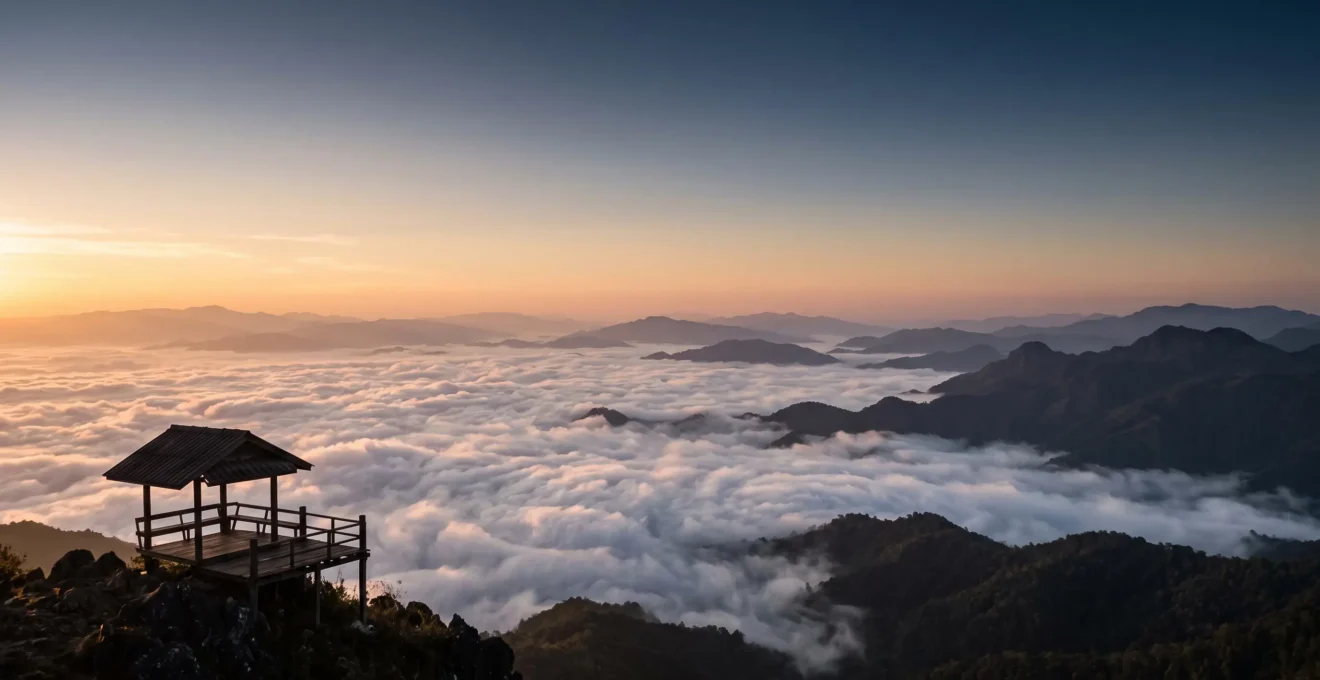 Chaîne de montagnes du Nord thaïlandais recouverte d'une mer de nuages au lever du soleil