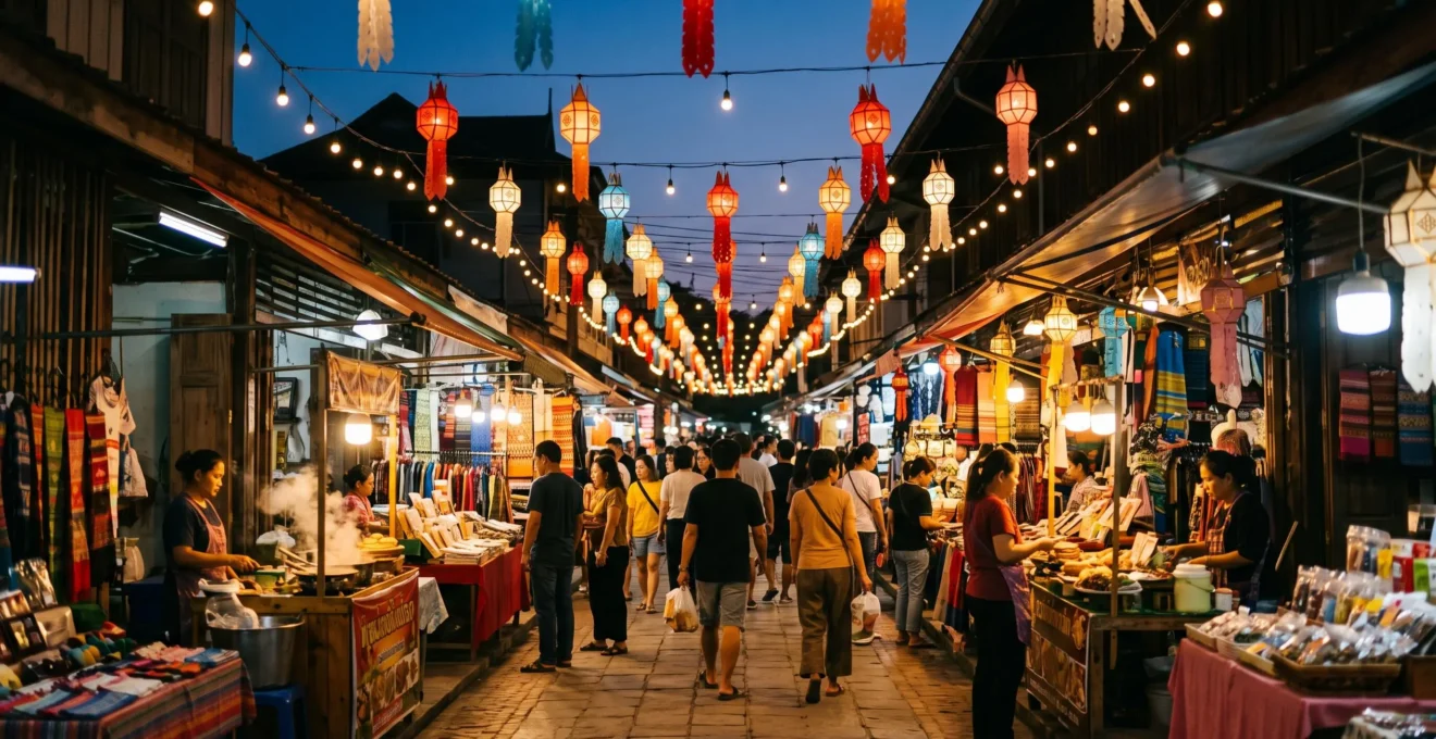 Ruelle animée d'un marché nocturne de Chiang Mai illuminée par des lampions, avec étals d'artisanat thaïlandais et flâneurs en soirée