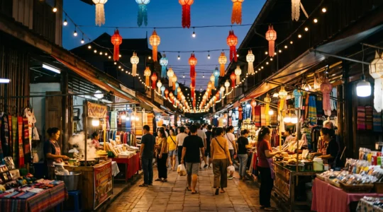 Ruelle animée d'un marché nocturne de Chiang Mai illuminée par des lampions, avec étals d'artisanat thaïlandais et flâneurs en soirée