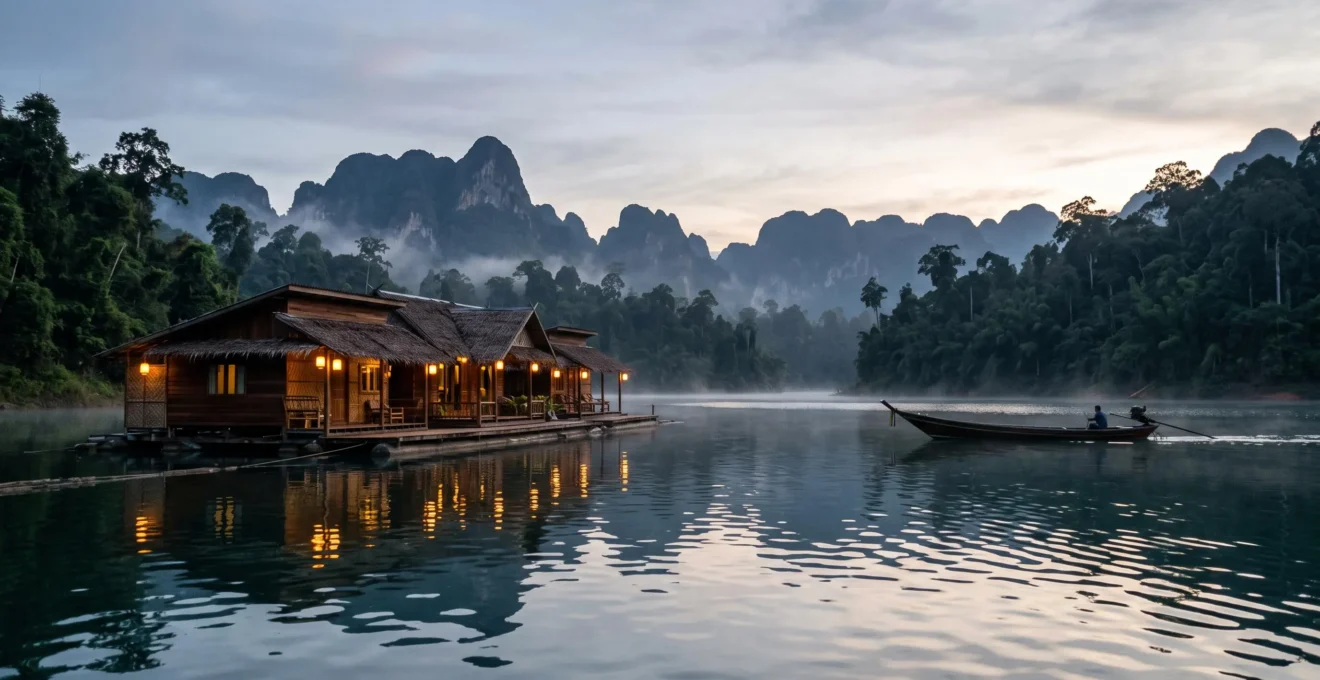 Vue panoramique au crépuscule d'un radeau flottant traditionnel amarré sur la rivière Kwai, entouré de jungle thaïlandaise