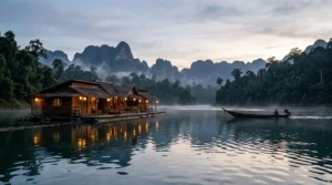 Vue panoramique au crépuscule d'un radeau flottant traditionnel amarré sur la rivière Kwai, entouré de jungle thaïlandaise