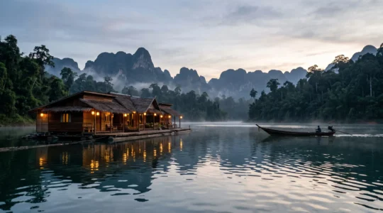 Vue panoramique au crépuscule d'un radeau flottant traditionnel amarré sur la rivière Kwai, entouré de jungle thaïlandaise